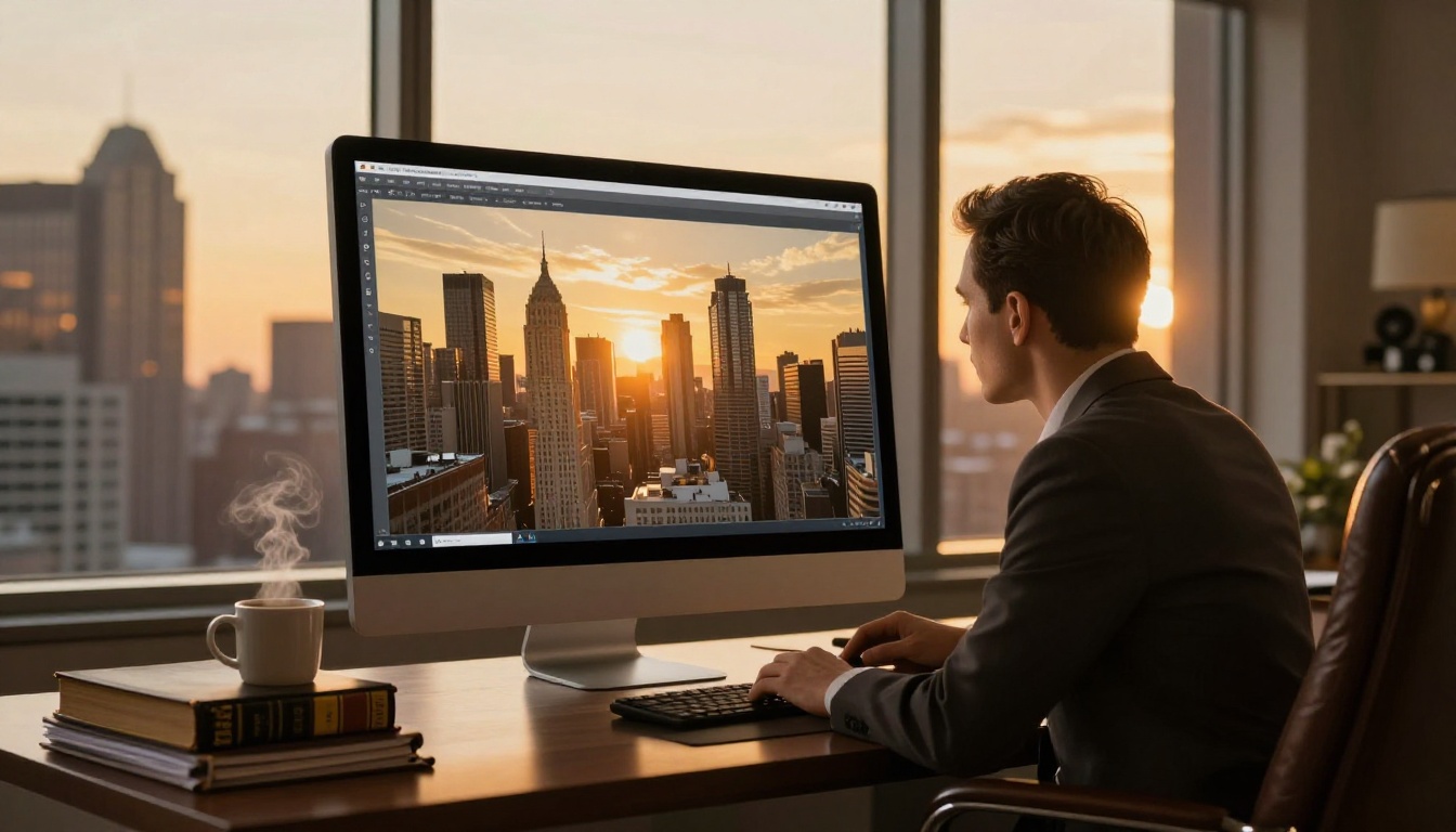 Immigration attorney reviewing digital flipbook at desk with city skyline at golden hour
