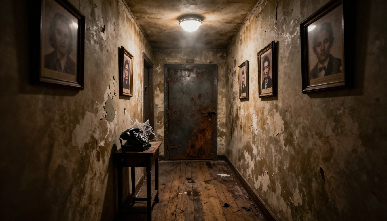 Atmospheric horror-themed escape room corridor with peeling wallpaper and locked door Atmospheric horror-themed escape room corridor with peeling wallpaper and locked door