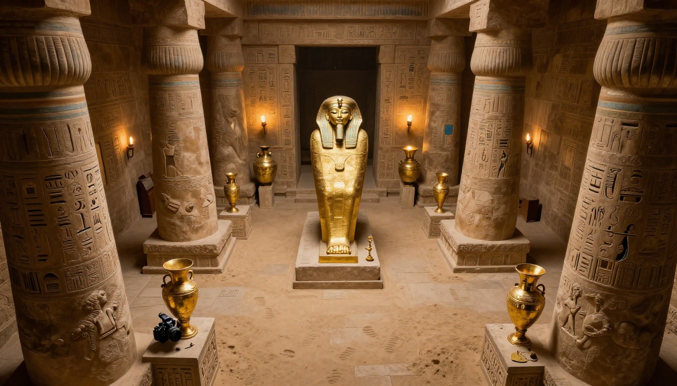 Ancient Egyptian themed escape room with stone columns, golden artifacts and torchlight Ancient Egyptian themed escape room with stone columns, golden artifacts and torchlight
