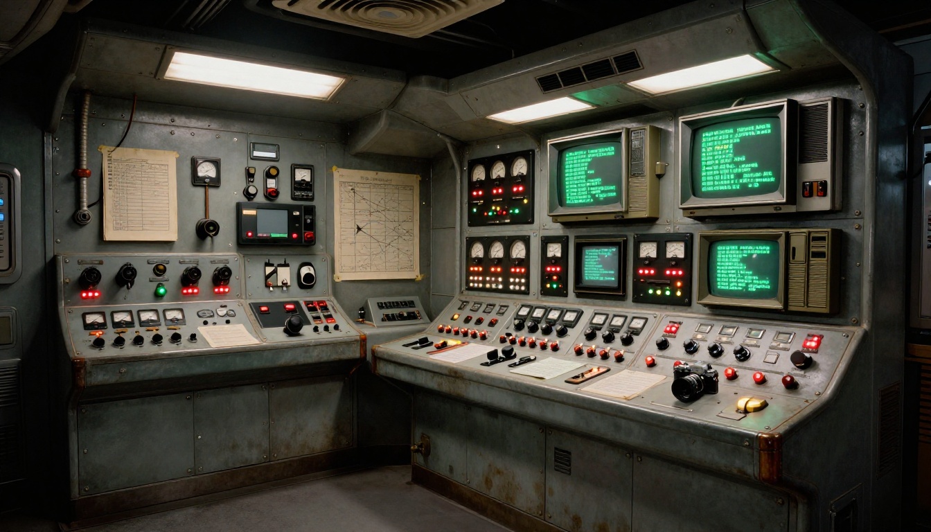 Retro NASA-style sci-fi escape room control panel with analog switches and vintage monitors Retro NASA-style sci-fi escape room control panel with analog switches and vintage monitors