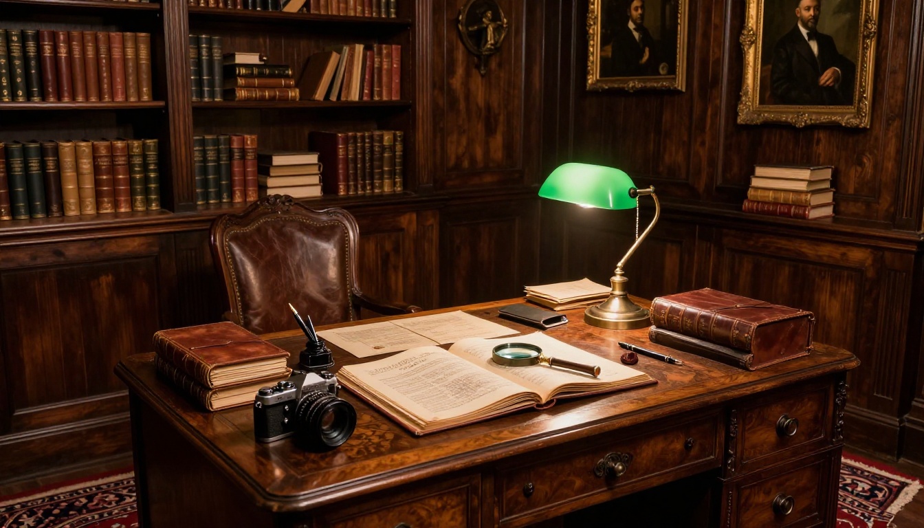 Victorian-era escape room study with mahogany shelves, antique desk, and green banker's lamp Victorian-era escape room study with mahogany shelves, antique desk, and green banker's lamp