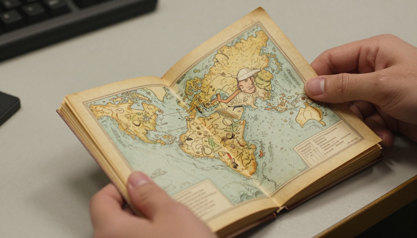 Close-up of hands holding open an illustrated mystery booklet with aged paper and hand-drawn map