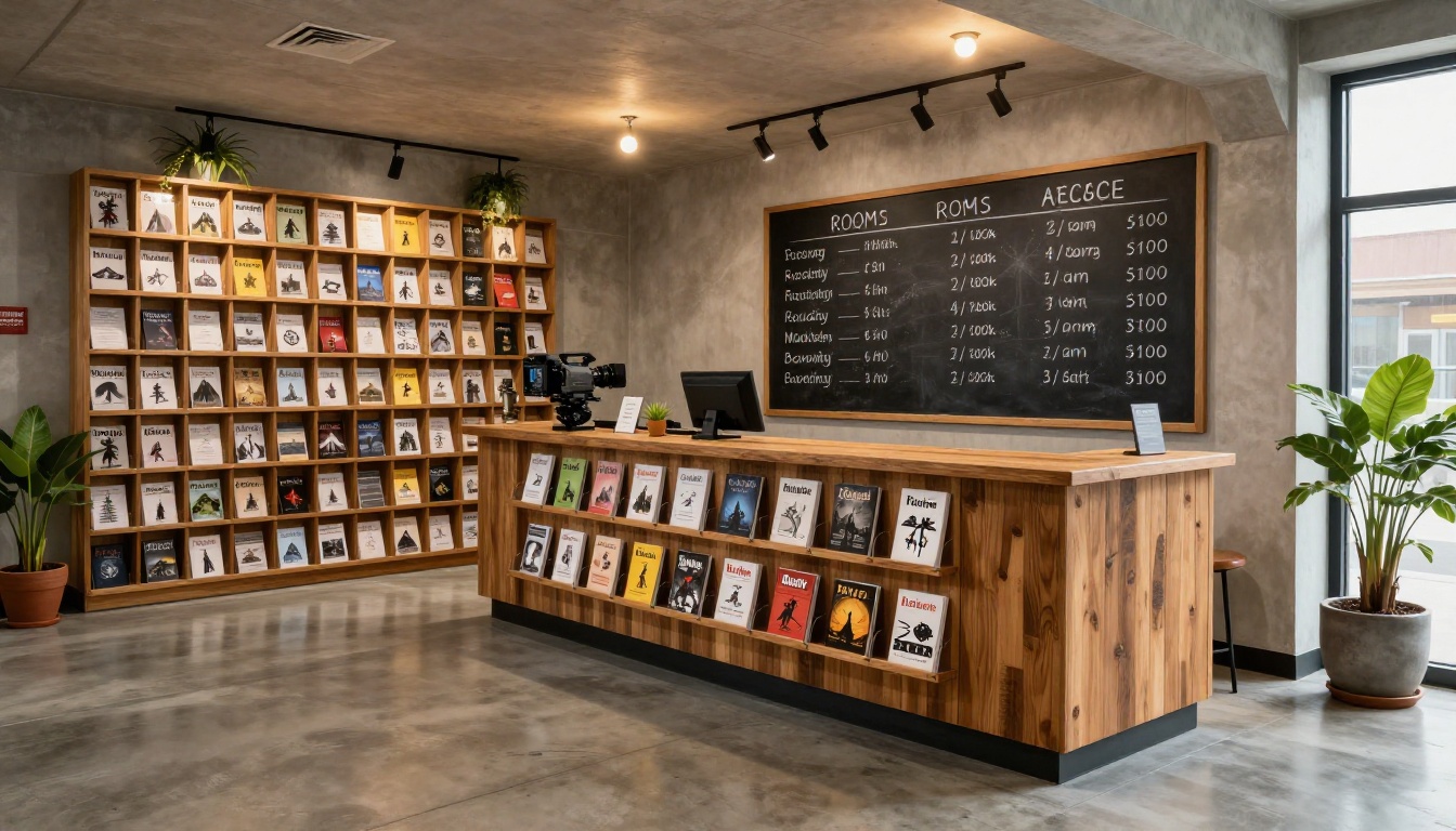 Escape room lobby reception area with brochure display rack and wooden welcome counter