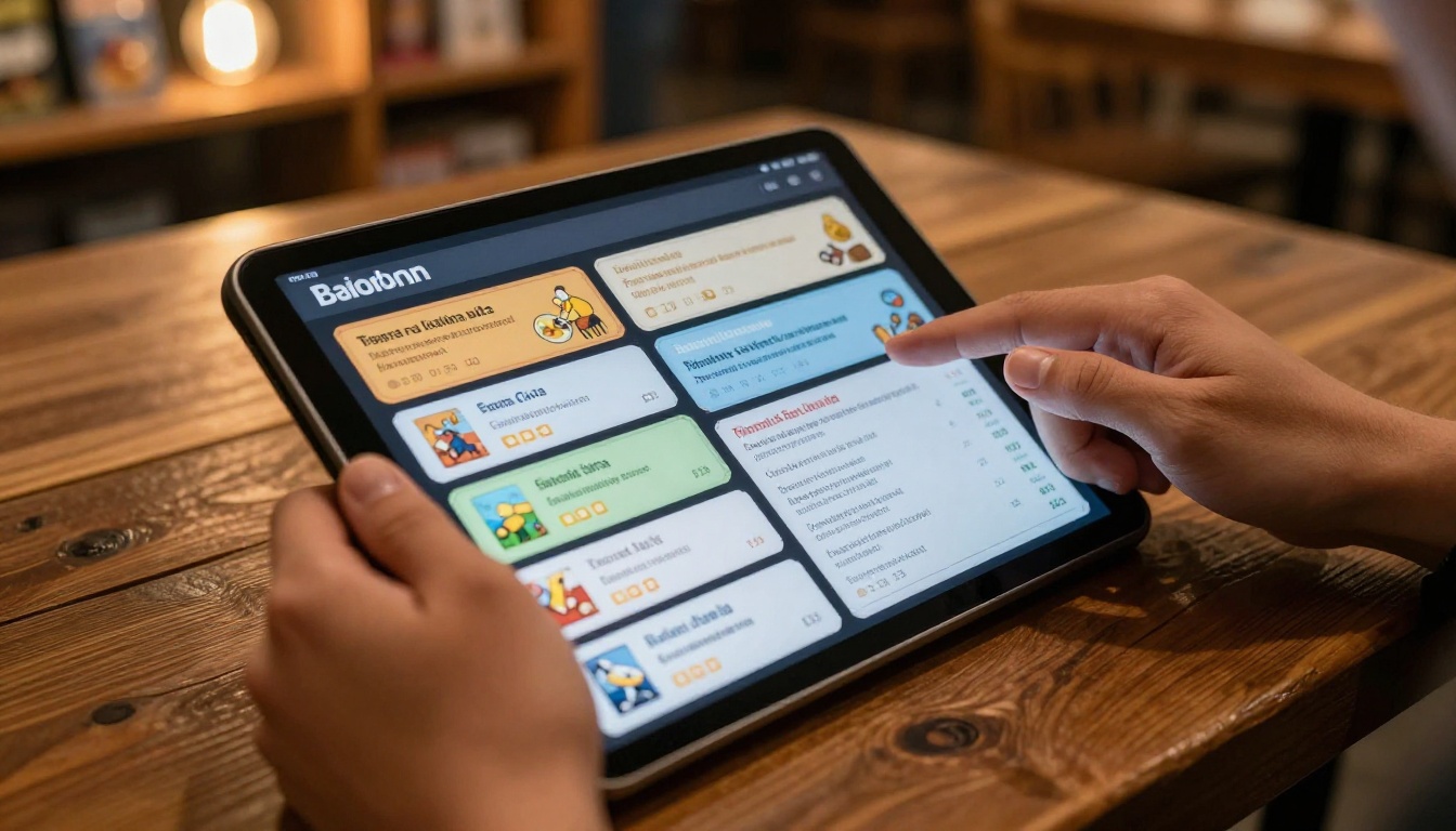 Person's hands browsing a colorful digital board game menu on a tablet screen in a warm cafe setting