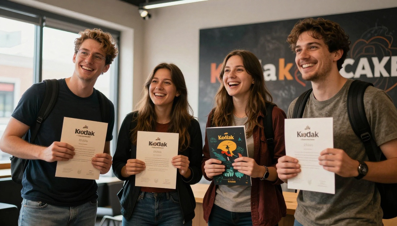 Friends celebrating after completing escape room challenge, holding souvenir booklets and certificates