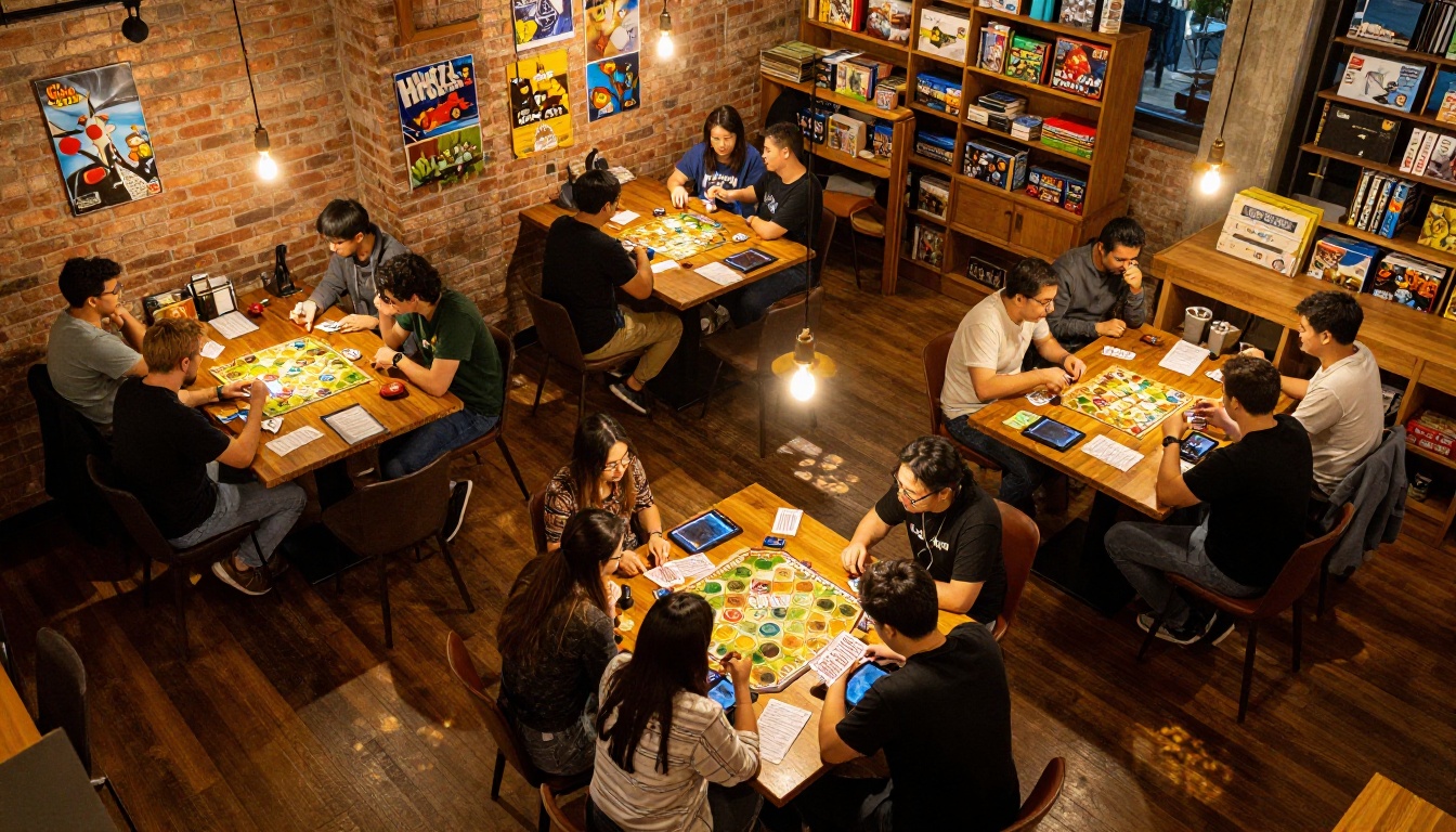 Aerial overhead view of a busy board game cafe with multiple tables of guests playing games under warm Edison bulb lighting