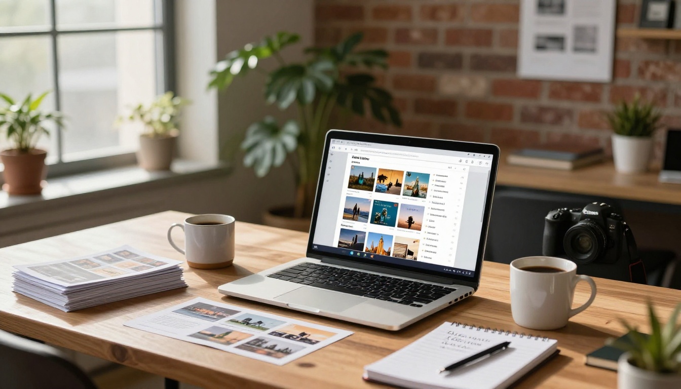 Escape room business owner at desk designing digital flipbook content on laptop with printed materials