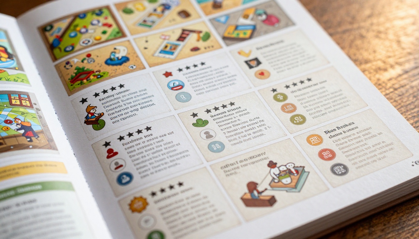 Close-up of a board game catalog flipbook page showing game ratings, player counts, difficulty badges, and clean typography