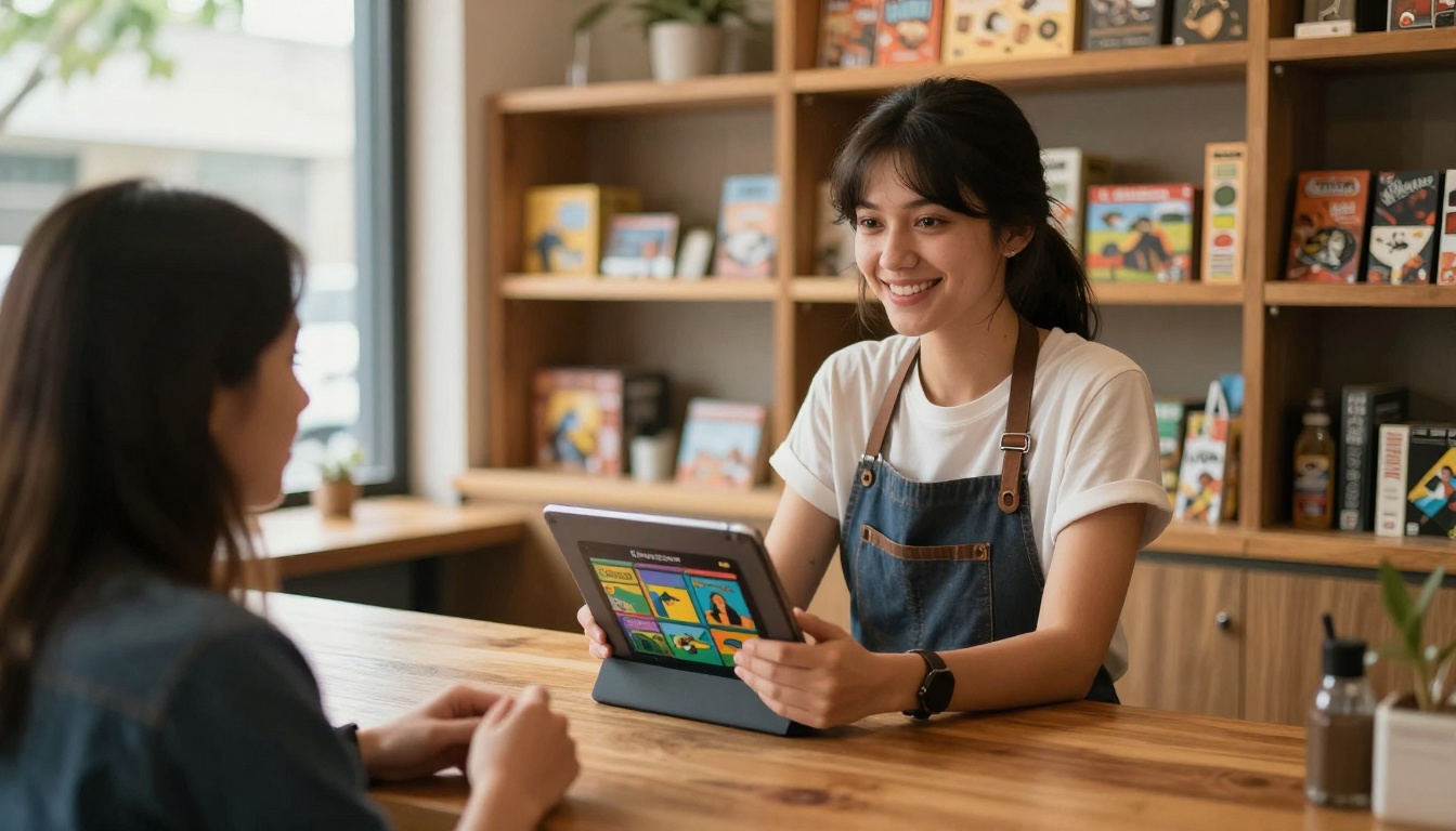 A smiling cafe owner showing a digital flipbook on a tablet to a customer at the counter with game shelves visible behind her
