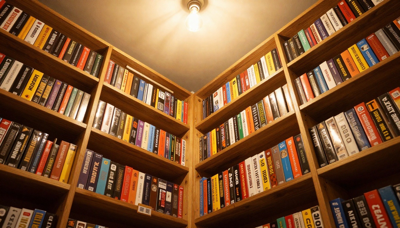 Tall wooden game library shelf stacked floor to ceiling with colorful board game boxes in warm golden cafe lighting