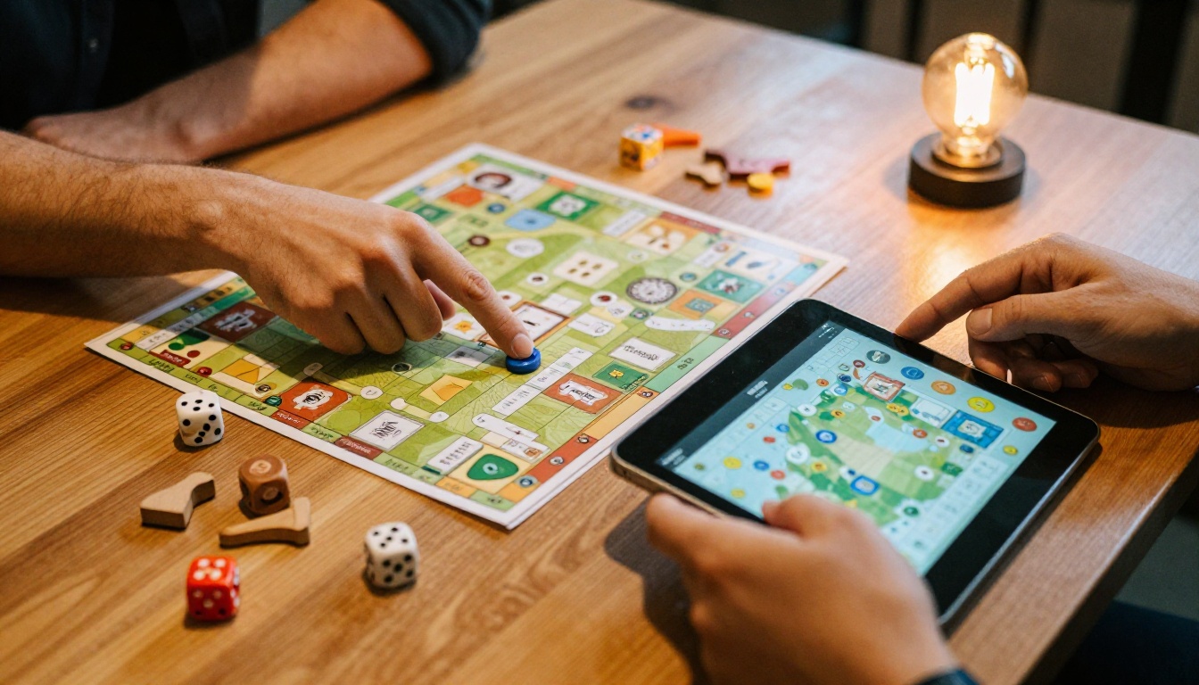 Two people's hands at a cafe table, one pointing at a game rule sheet while the other views a digital tutorial on a tablet, colorful dice scattered across the wooden surface Two people's hands at a cafe table, one pointing at a game rule sheet while the other views a digital tutorial on a tablet, colorful dice scattered across the wooden surface