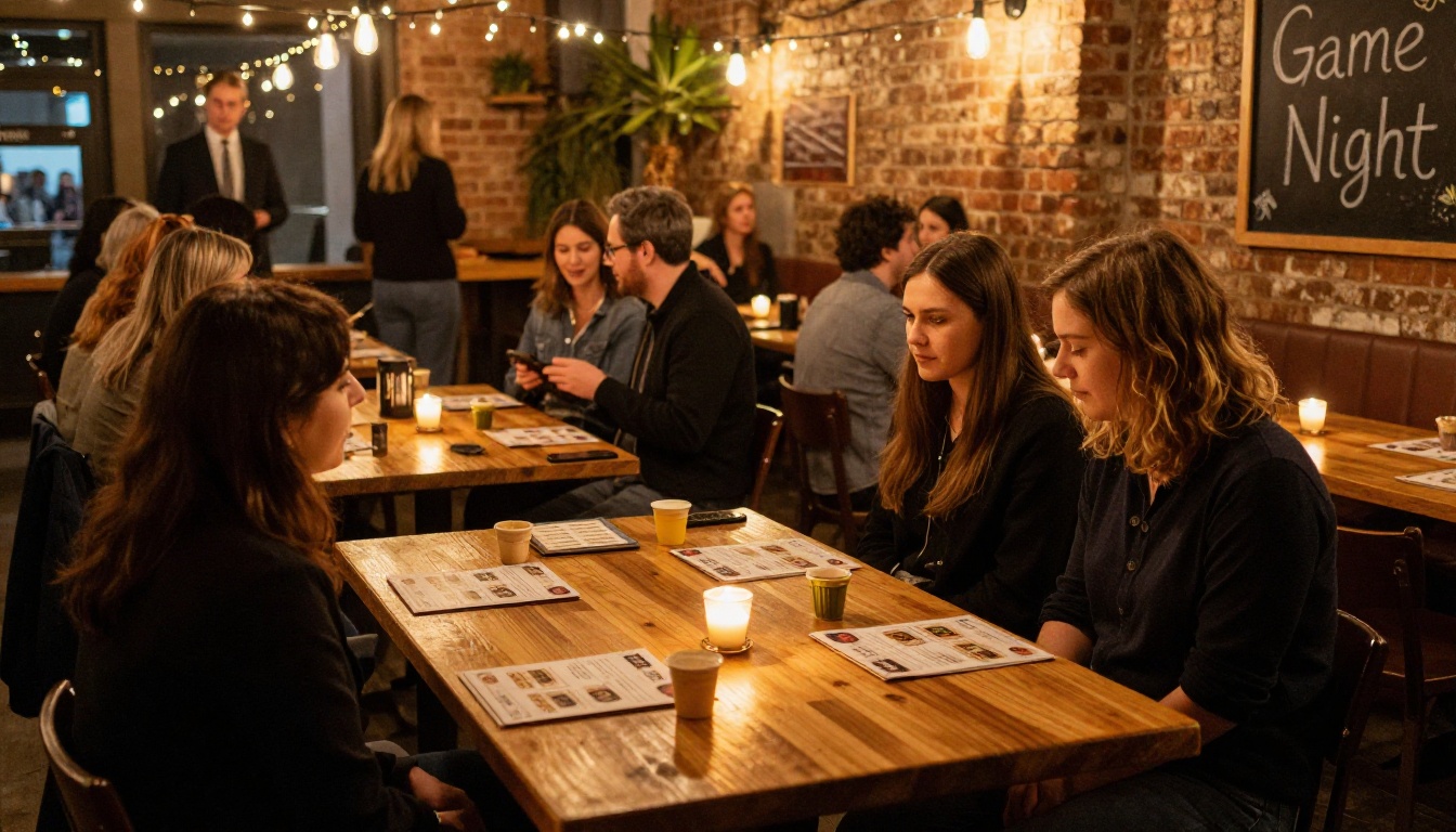 A board game cafe set up for a Game Night private event with tournament-style tables, candles, and string lights creating a warm intimate evening atmosphere A board game cafe set up for a Game Night private event with tournament-style tables, candles, and string lights creating a warm intimate evening atmosphere