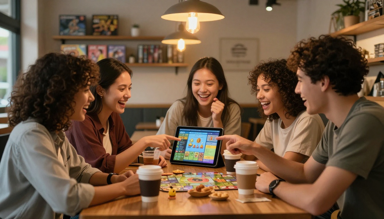 A diverse group of four friends at a board game cafe table, laughing and pointing at a shared tablet showing a digital interactive game catalog A diverse group of four friends at a board game cafe table, laughing and pointing at a shared tablet showing a digital interactive game catalog