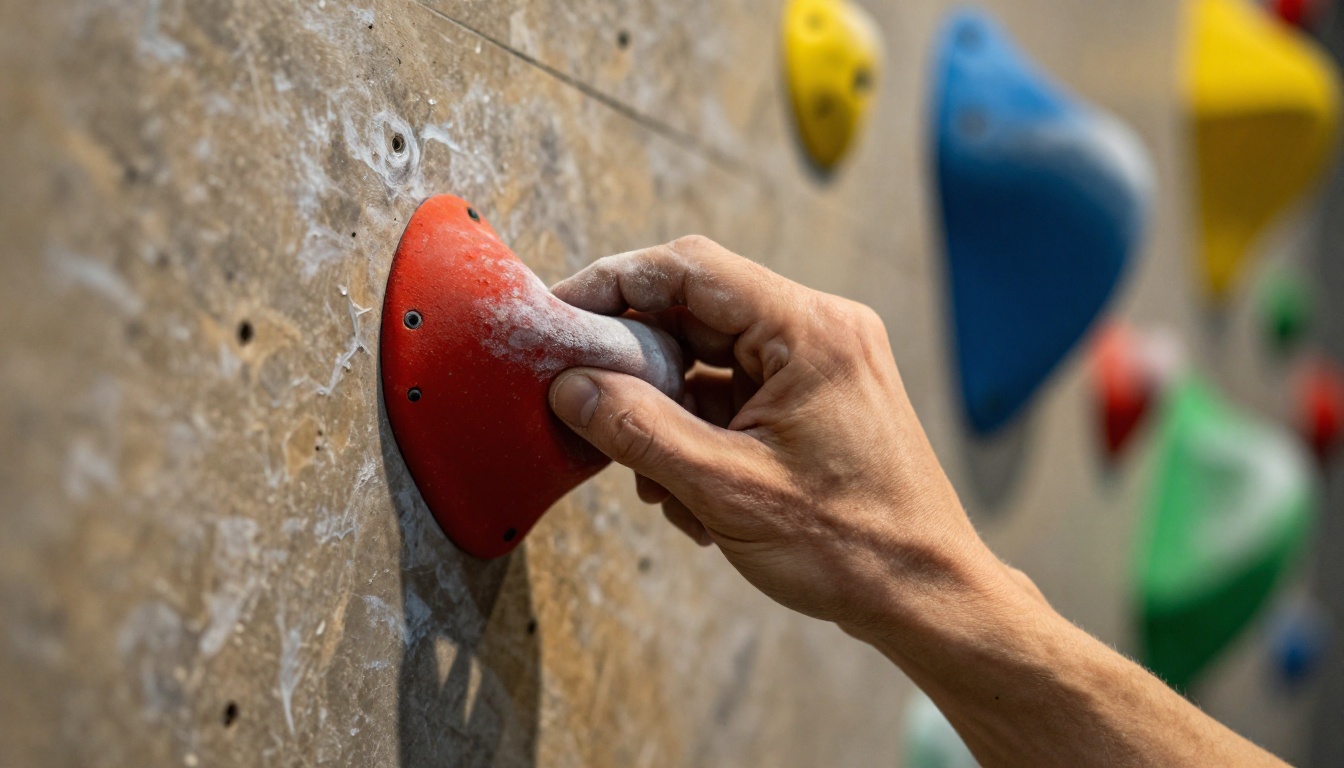 Close-up of chalk-dusted hand gripping a vibrant red crimper hold on an indoor climbing wall Close-up of chalk-dusted hand gripping a vibrant red crimper hold on an indoor climbing wall