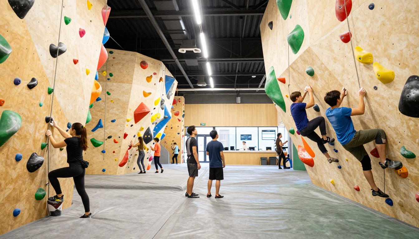 Wide-angle view of a thriving modern indoor climbing gym with diverse members on bouldering and lead walls Wide-angle view of a thriving modern indoor climbing gym with diverse members on bouldering and lead walls