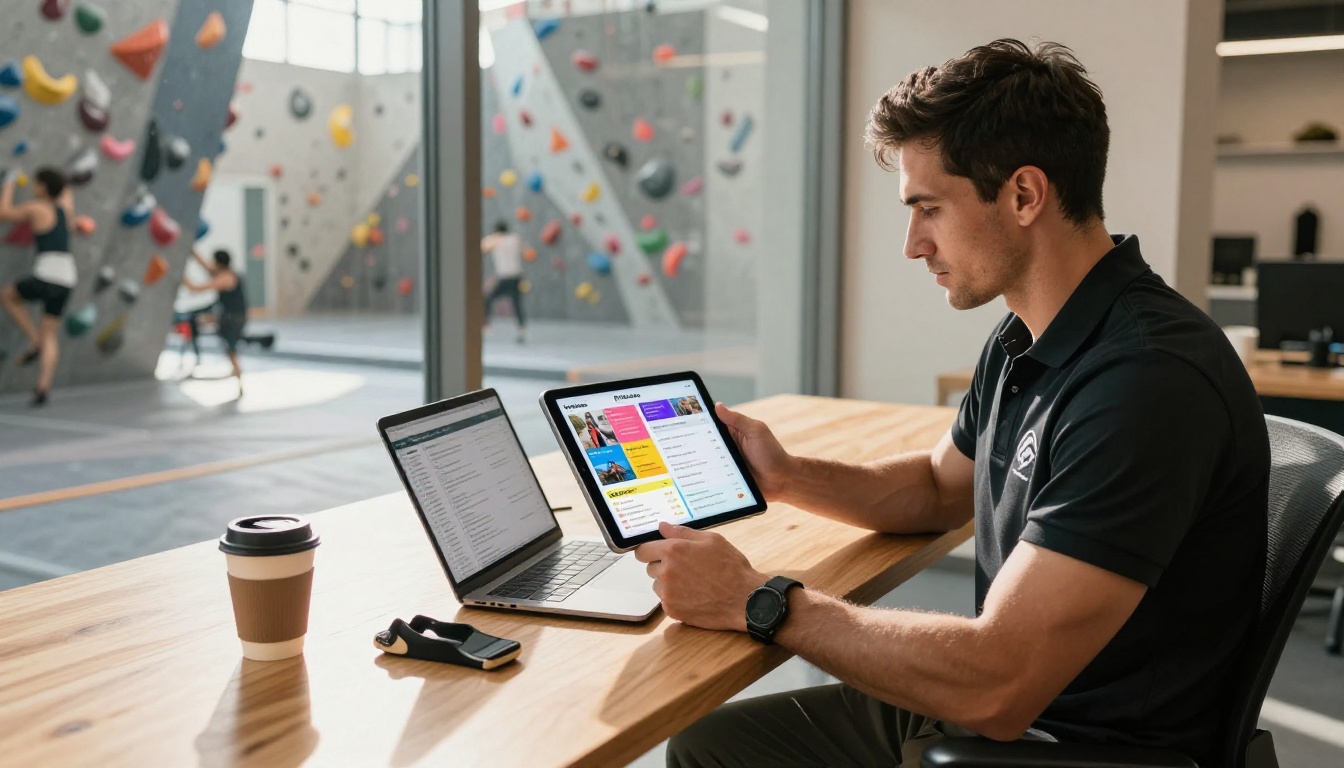 Gym owner reviewing a digital flipbook on an iPad in his office with a glass window overlooking the climbing gym floor Gym owner reviewing a digital flipbook on an iPad in his office with a glass window overlooking the climbing gym floor