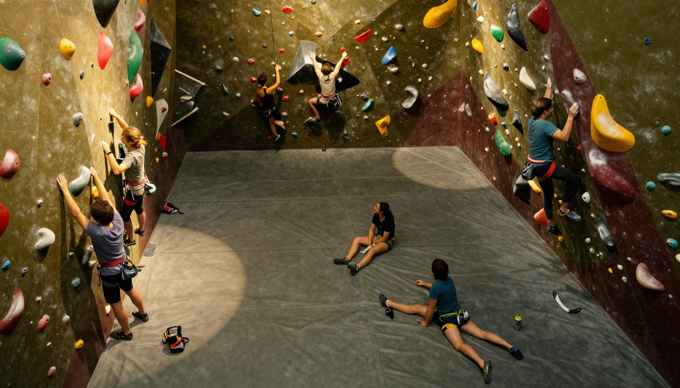 Aerial bird's-eye view of a modern indoor bouldering gym floor with climbers on crash mats Aerial bird's-eye view of a modern indoor bouldering gym floor with climbers on crash mats