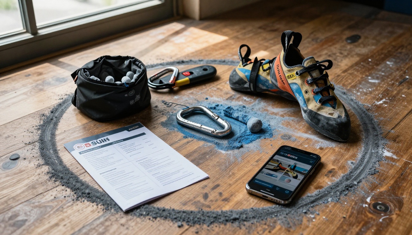 Flat-lay of climbing gear and marketing materials including shoes, carabiners, and a gym brochure on a wooden floor Flat-lay of climbing gear and marketing materials including shoes, carabiners, and a gym brochure on a wooden floor
