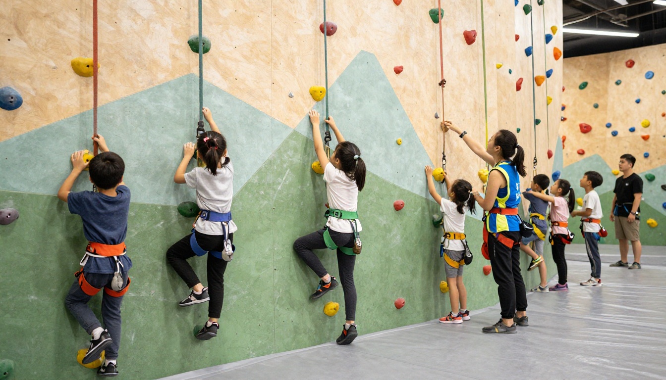 Children's beginner climbing class with kids in colorful harnesses on a dedicated low bouldering wall with an instructor spotting