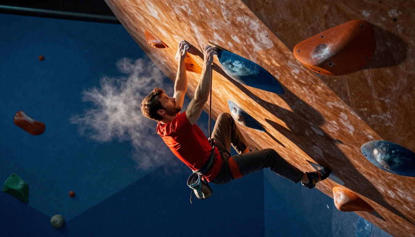 Dynamic low-angle shot of a skilled male climber mid-move on an overhang section of an indoor lead climbing wall