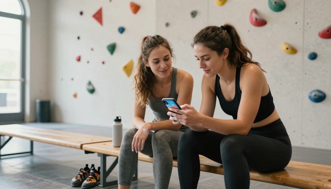 Two young women in athletic wear seated in a climbing gym lounge looking at a digital flipbook on a smartphone together