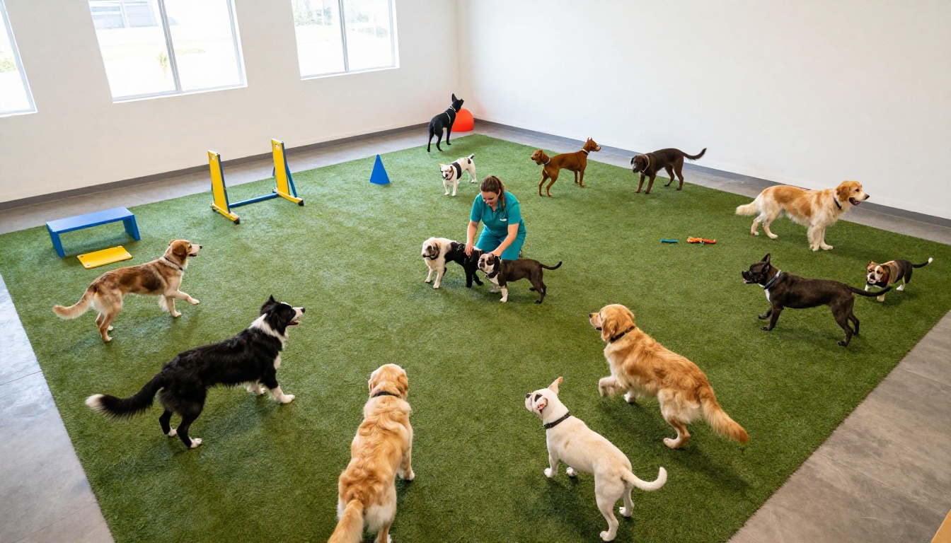 Aerial view of dogs playing together in a bright professional dog daycare play yard Aerial view of dogs playing together in a bright professional dog daycare play yard