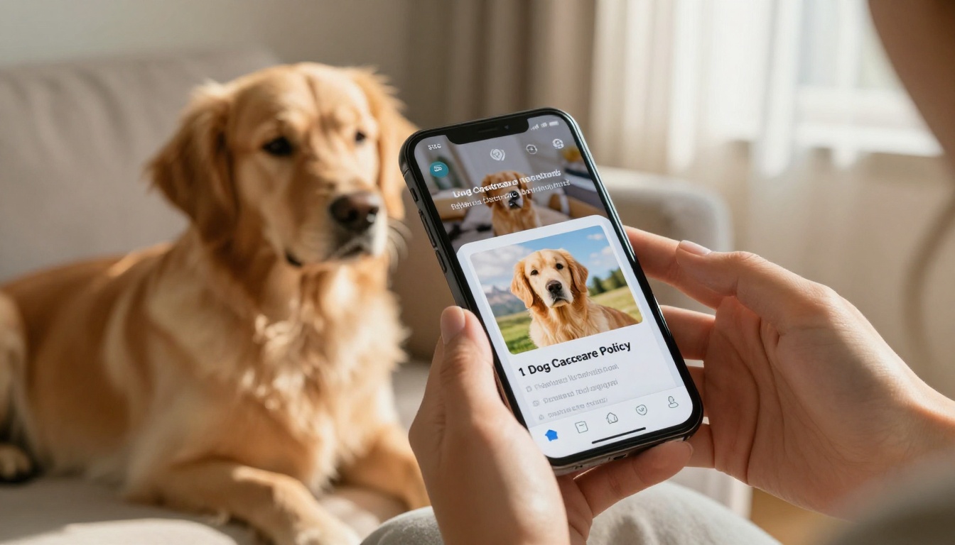 Close-up of a woman's hands holding a smartphone showing a dog daycare digital flipbook while her golden retriever rests on her lap Close-up of a woman's hands holding a smartphone showing a dog daycare digital flipbook while her golden retriever rests on her lap