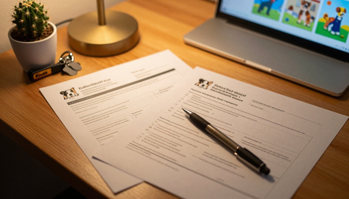 Close-up of a dog daycare enrollment packet and intake forms arranged on a wooden desk with a pen and branded dog collar Close-up of a dog daycare enrollment packet and intake forms arranged on a wooden desk with a pen and branded dog collar