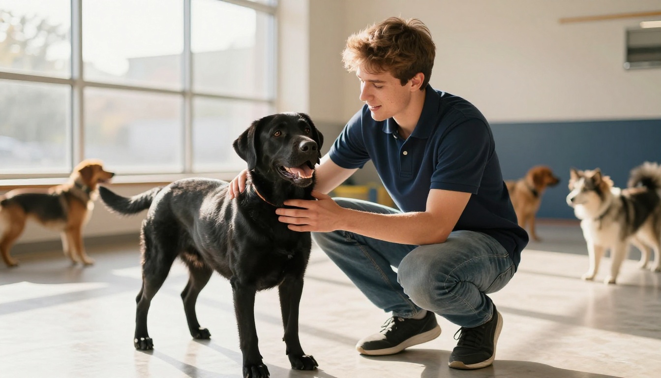 A dog daycare caretaker crouching at eye level with a happy black Labrador retriever in a bright indoor play area A dog daycare caretaker crouching at eye level with a happy black Labrador retriever in a bright indoor play area