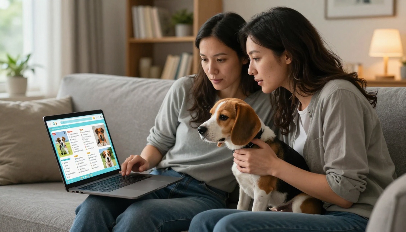 A couple on a couch reviewing dog daycare information on a laptop with their beagle sitting between them A couple on a couch reviewing dog daycare information on a laptop with their beagle sitting between them