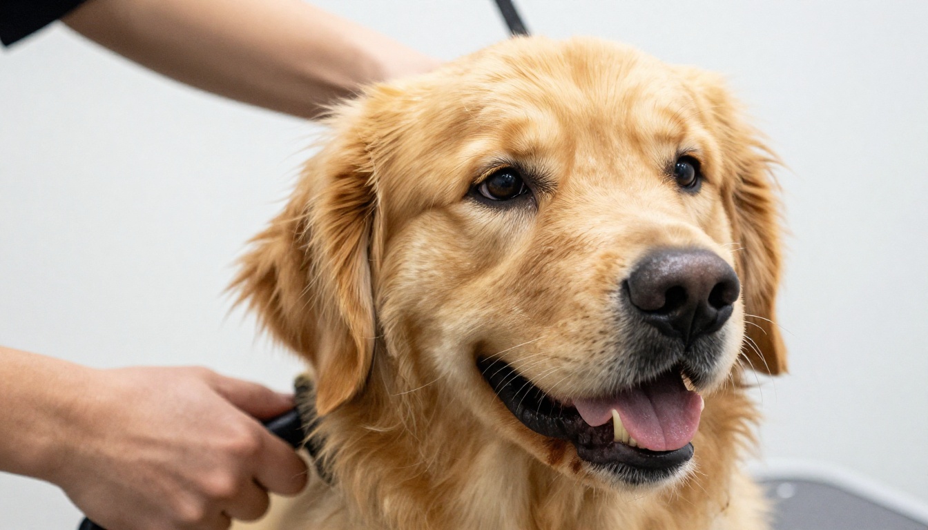 Close-up of a happy golden retriever being groomed at a professional dog daycare facility Close-up of a happy golden retriever being groomed at a professional dog daycare facility