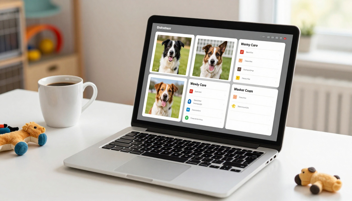 A sleek laptop on a desk displaying a professionally designed digital dog daycare flipbook with a weekly schedule layout A sleek laptop on a desk displaying a professionally designed digital dog daycare flipbook with a weekly schedule layout