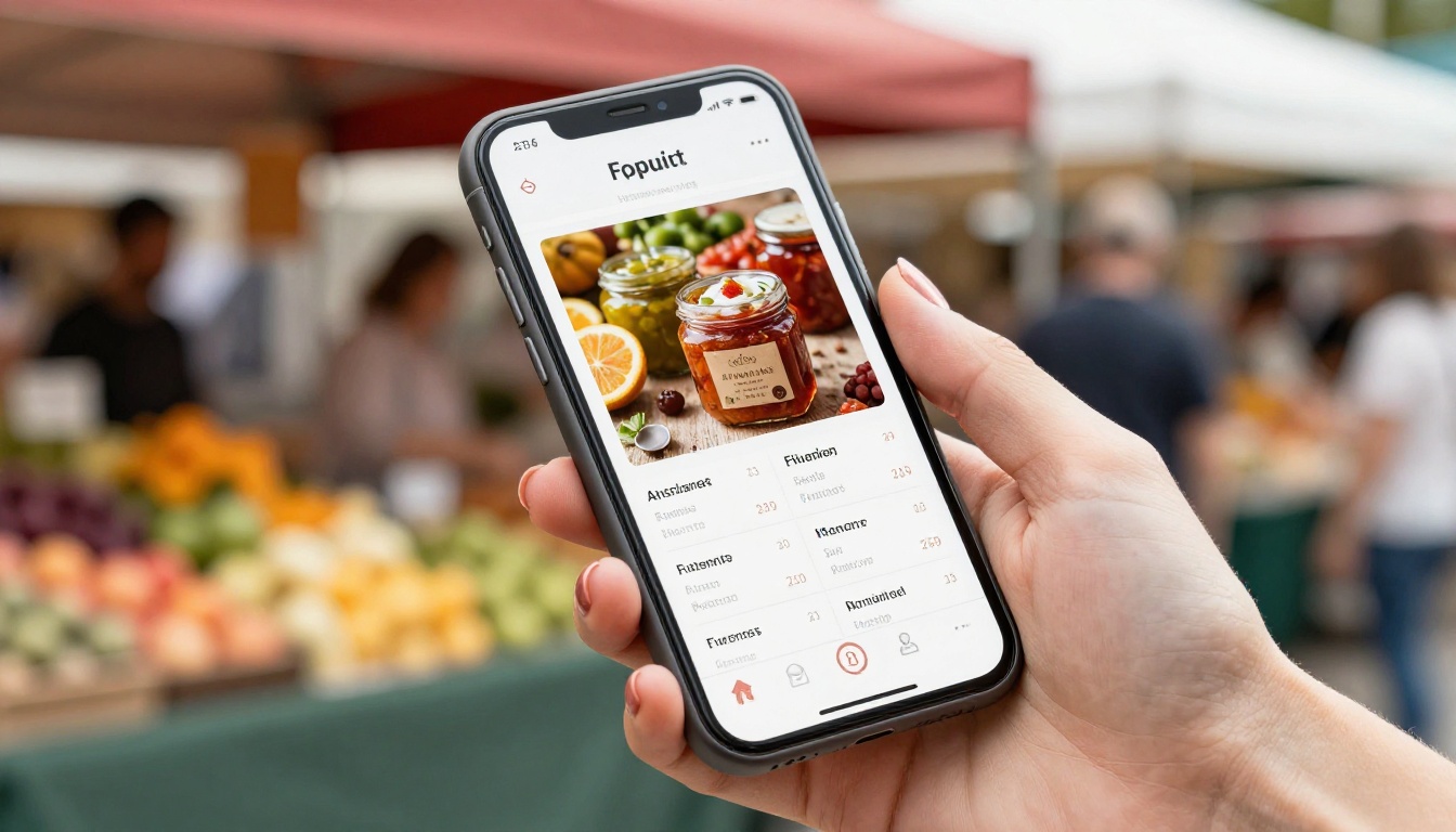Smartphone displaying a digital product catalog flipbook at a busy farmers market Smartphone displaying a digital product catalog flipbook at a busy farmers market