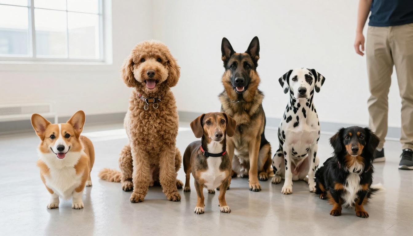 Wide shot of six dogs of different breeds sitting in a neat row facing the camera in a bright clean dog daycare environment Wide shot of six dogs of different breeds sitting in a neat row facing the camera in a bright clean dog daycare environment