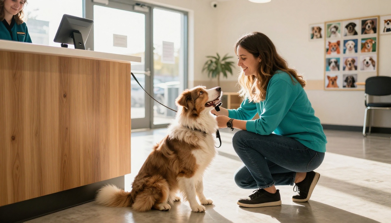 Low-angle shot of a dog owner saying goodbye to her Australian shepherd at a bright professional dog daycare reception area Low-angle shot of a dog owner saying goodbye to her Australian shepherd at a bright professional dog daycare reception area