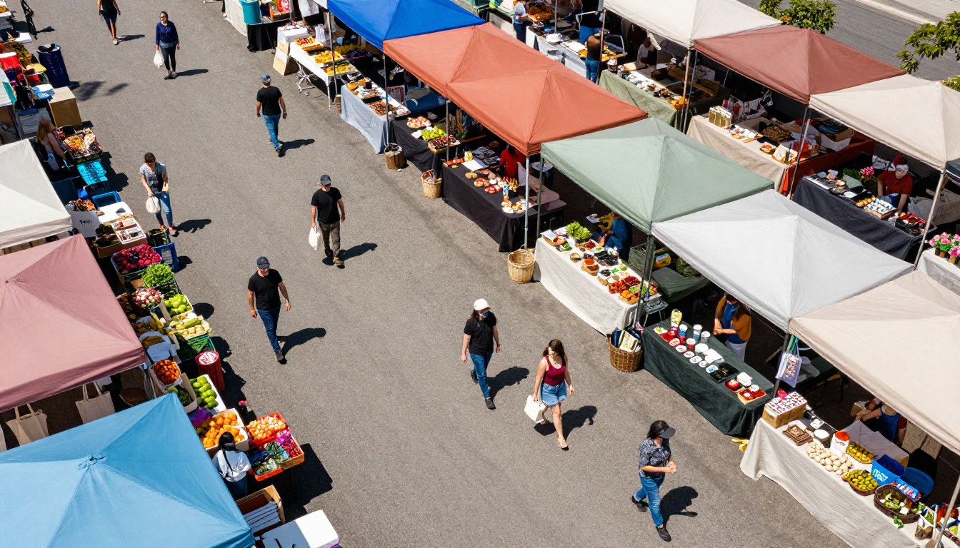 Aerial view of a vibrant Saturday farmers market with colorful stall canopies and busy shoppers