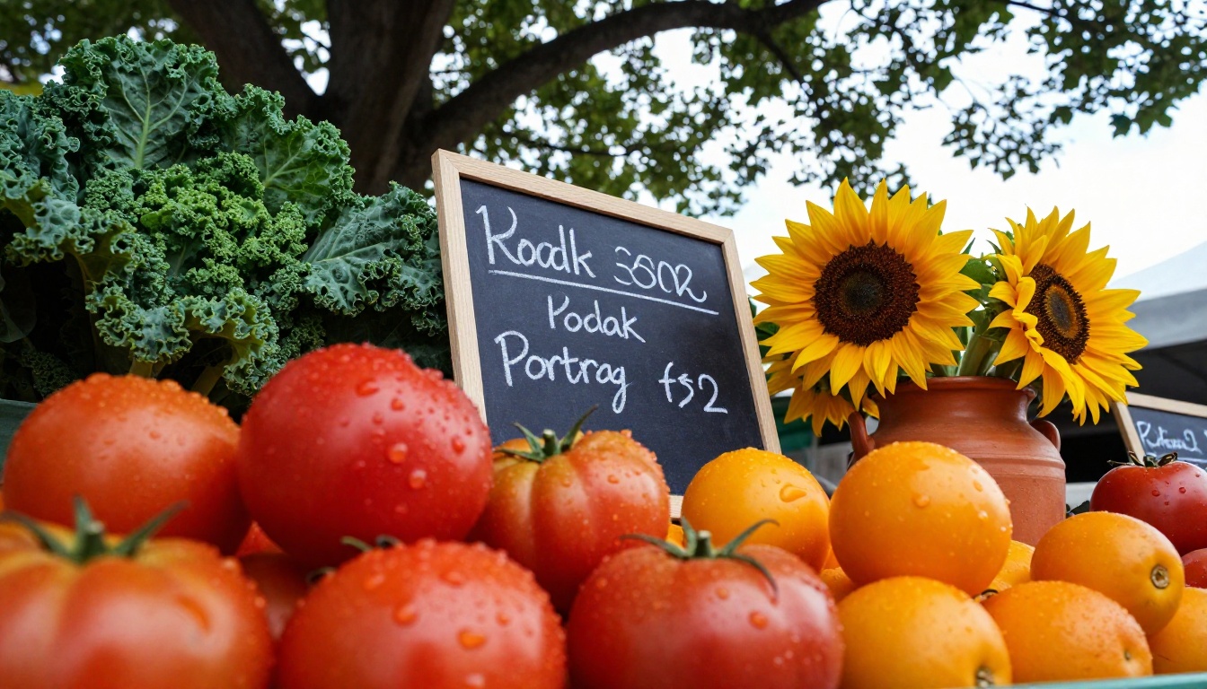 Low-angle shot of heirloom tomatoes, sunflowers and fresh produce stacked on a farmers market table Low-angle shot of heirloom tomatoes, sunflowers and fresh produce stacked on a farmers market table