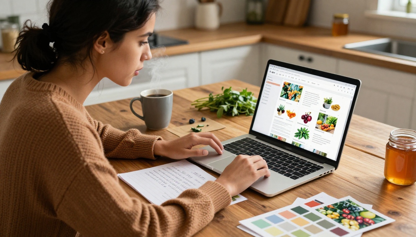 Woman designing a digital product catalog on a laptop surrounded by fresh farm goods and honey jars