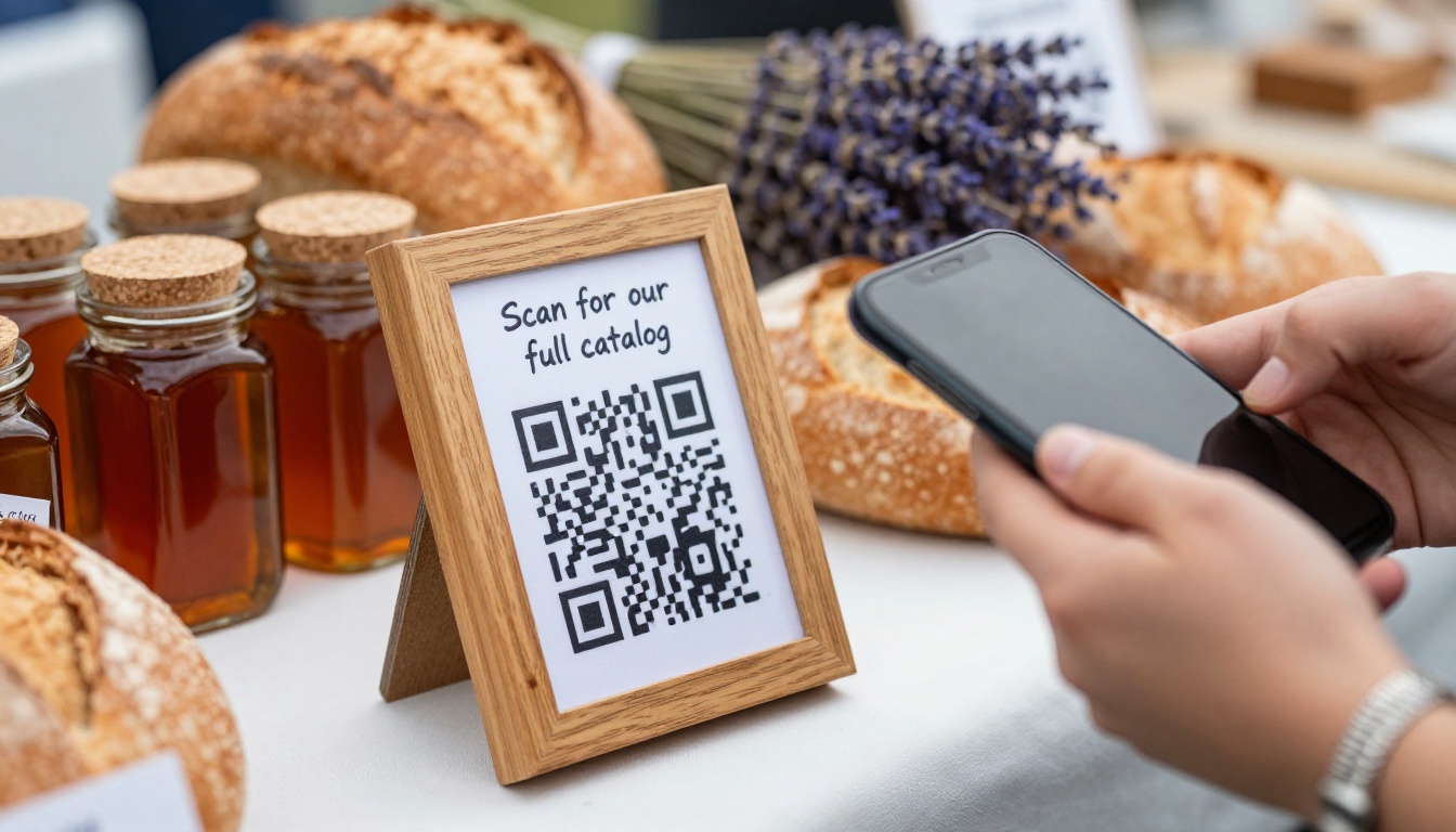 Wooden QR code sign at a market stall beside honey jars and artisan bread loaves