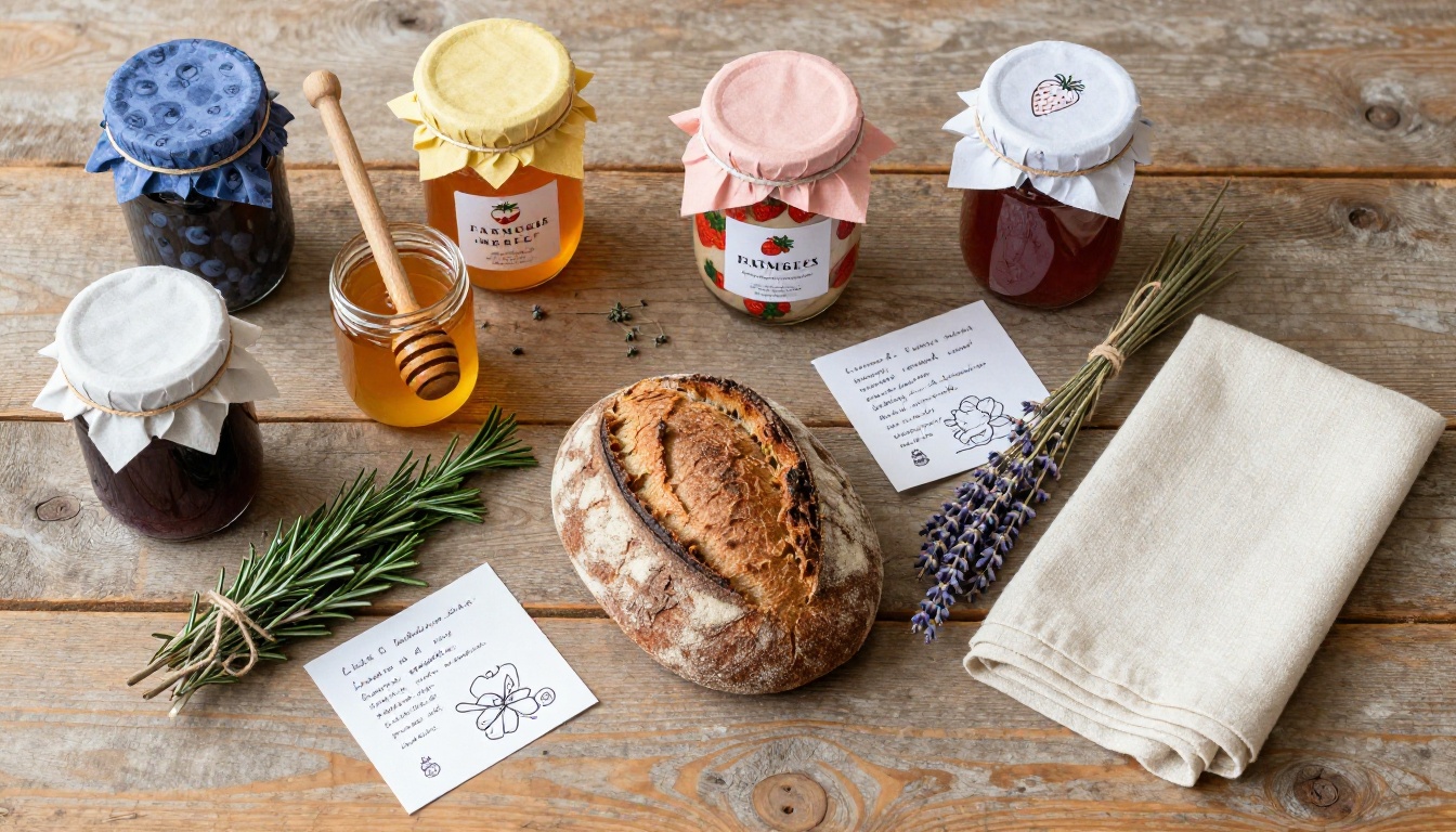 Overhead flat-lay of artisan farmers market goods: jams, honey, bread, and lavender on weathered wood