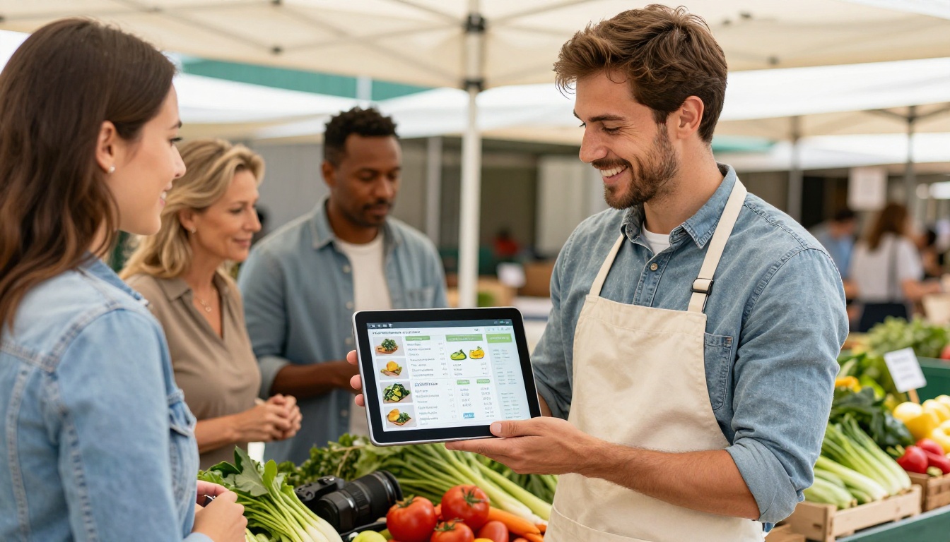 Cheerful vendor showing a digital tablet catalog to interested shoppers at a busy farmers market