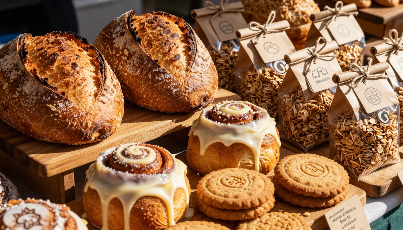 Close-up of golden sourdough bread, cinnamon rolls and artisan baked goods with kraft price tags at a market Close-up of golden sourdough bread, cinnamon rolls and artisan baked goods with kraft price tags at a market