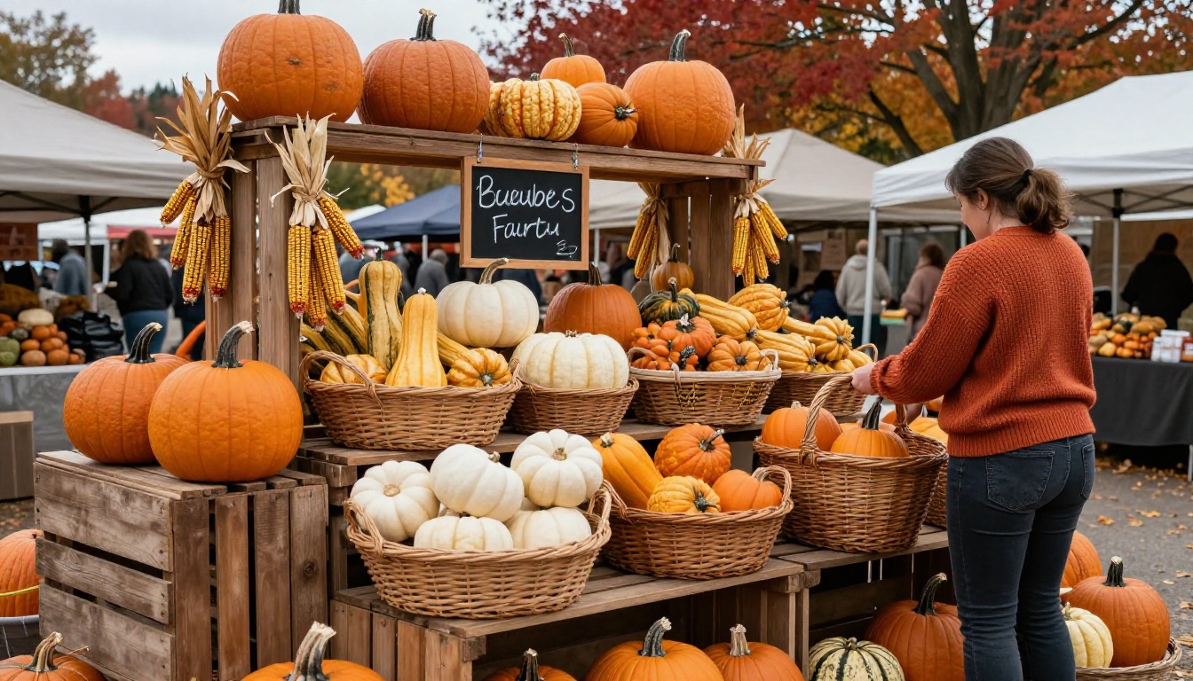 Autumn farmers market stall with orange pumpkins, gourds and seasonal produce in warm morning light Autumn farmers market stall with orange pumpkins, gourds and seasonal produce in warm morning light