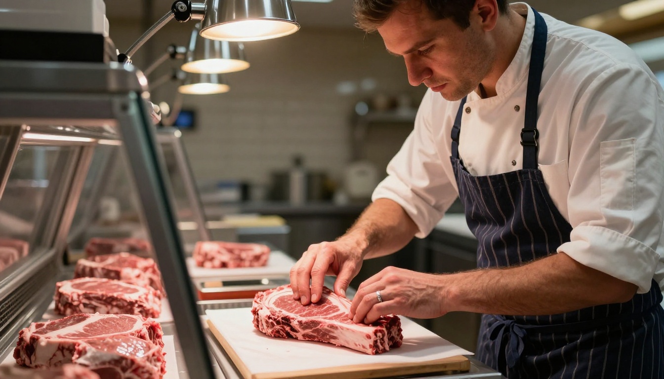 Butcher carefully arranging premium cuts in a refrigerated display case