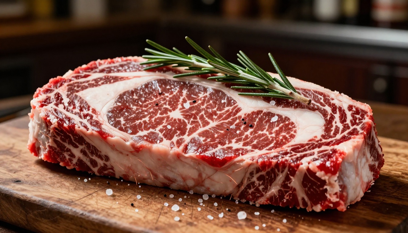 Extreme close-up of a prime ribeye steak resting on an antique maple butcher block with rosemary and sea salt