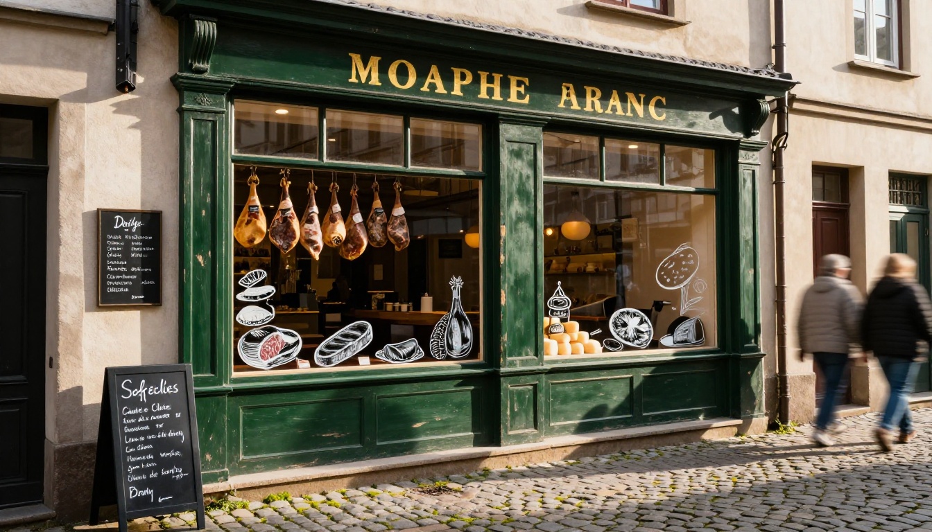 Charming artisan butcher shop storefront on a cobblestone European street at golden hour