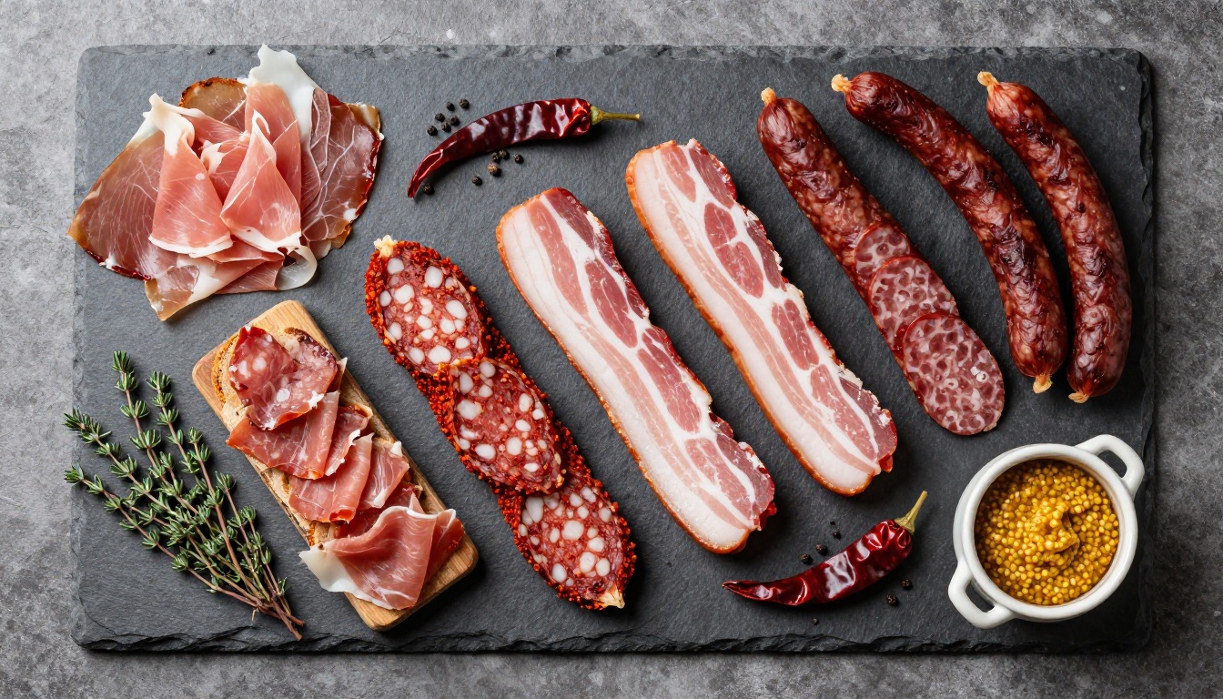 Overhead flat-lay of an artisan charcuterie spread on dark slate with prosciutto, chorizo, sausages, and fresh herbs Overhead flat-lay of an artisan charcuterie spread on dark slate with prosciutto, chorizo, sausages, and fresh herbs
