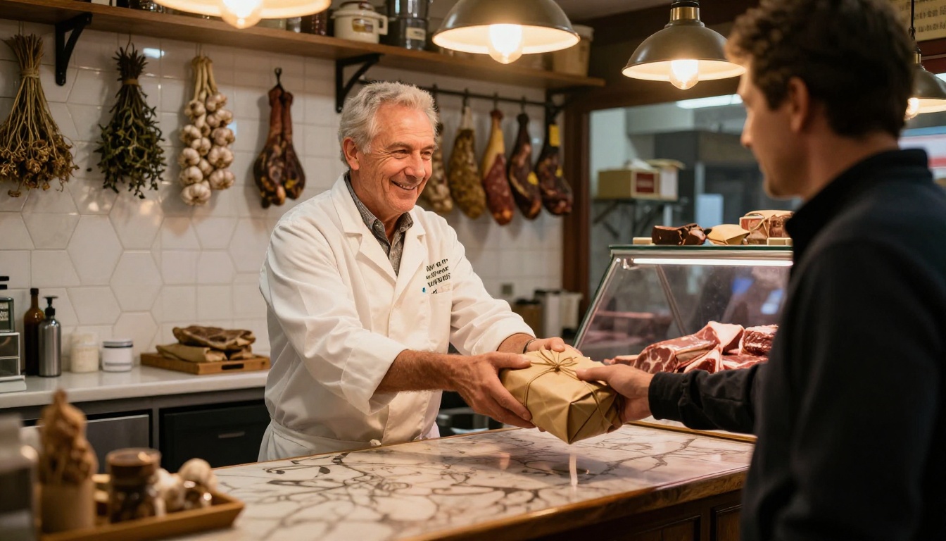 An experienced butcher with a warm smile handing a neatly wrapped parcel to a customer across a mahogany counter An experienced butcher with a warm smile handing a neatly wrapped parcel to a customer across a mahogany counter