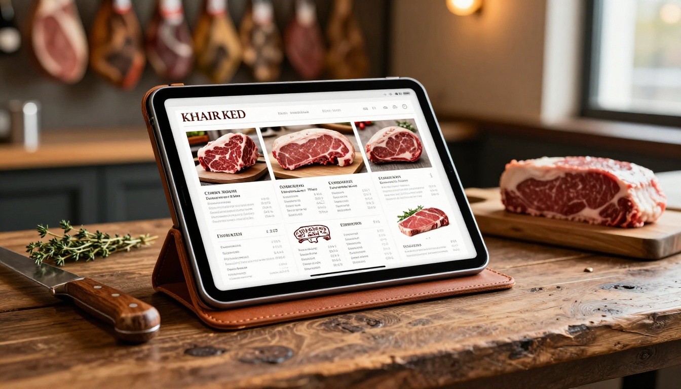Tablet displaying a beautifully designed digital butcher shop catalog on a rustic wooden table with a boning knife