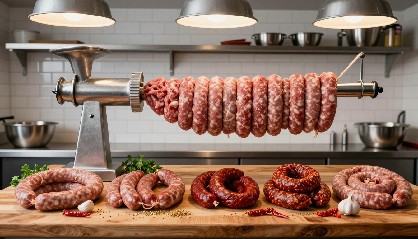 Artisan sausage making station with five varieties of handmade sausages arranged on a wooden board Artisan sausage making station with five varieties of handmade sausages arranged on a wooden board